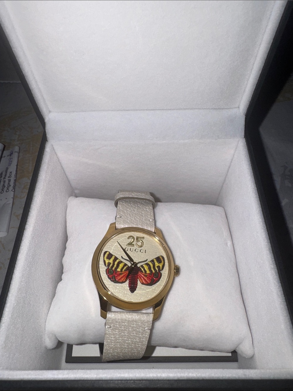 Gucci Butterfly Dial Watch in Cream and Gold with Red Accent